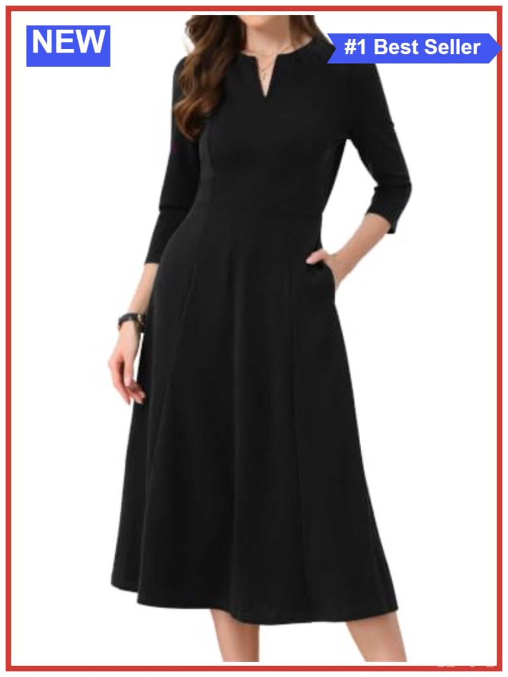 A-Line Midi Dress 3/4 Sleeve Business Work Formal Fit Flare